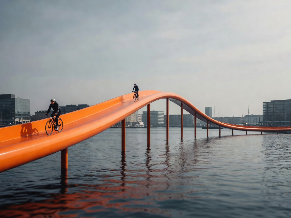 Cykelslangen elevated orange cycling ramp gliding smoothly over Copenhagen harbor water