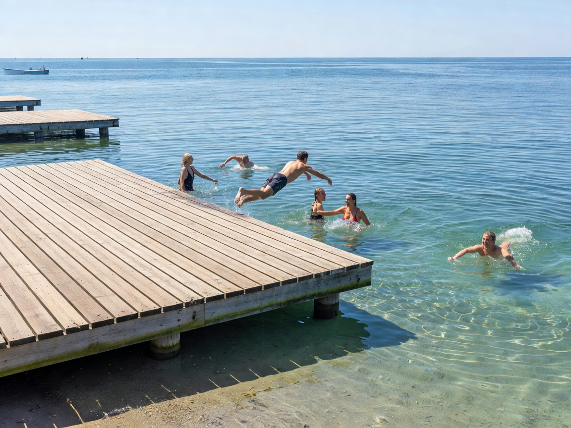 Islands Brygge harbor bath timber boardwalk with swimmers in clean seawater