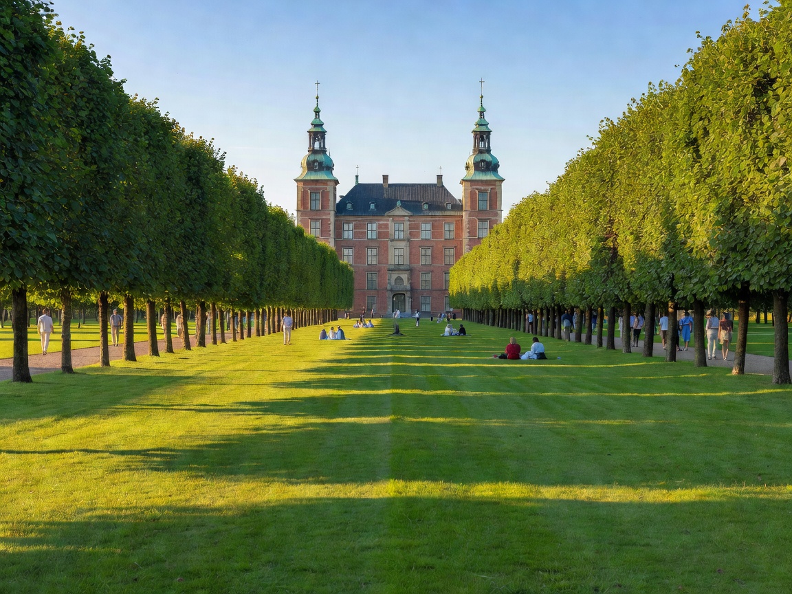 Kongens Have manicured tree avenues and expansive green lawns outside Rosenborg