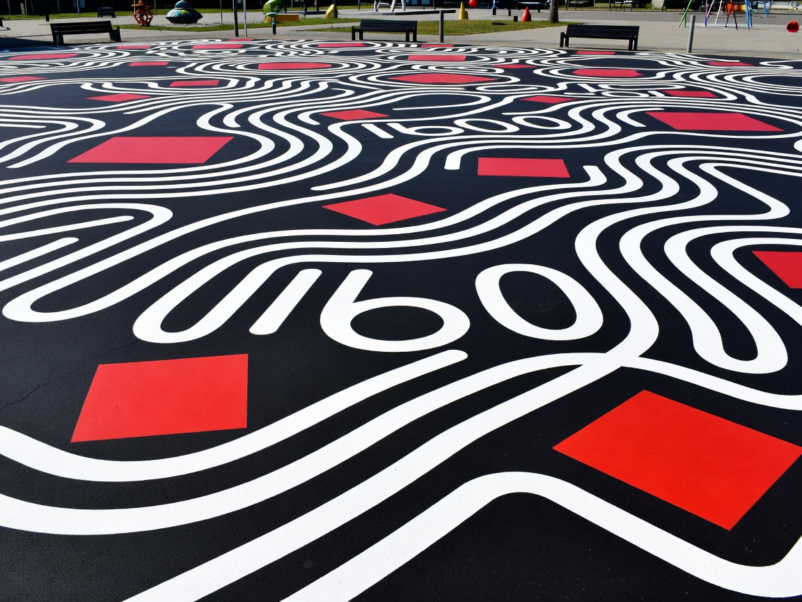 Superkilen public park with undulating white graphic lines on black asphalt and red squares